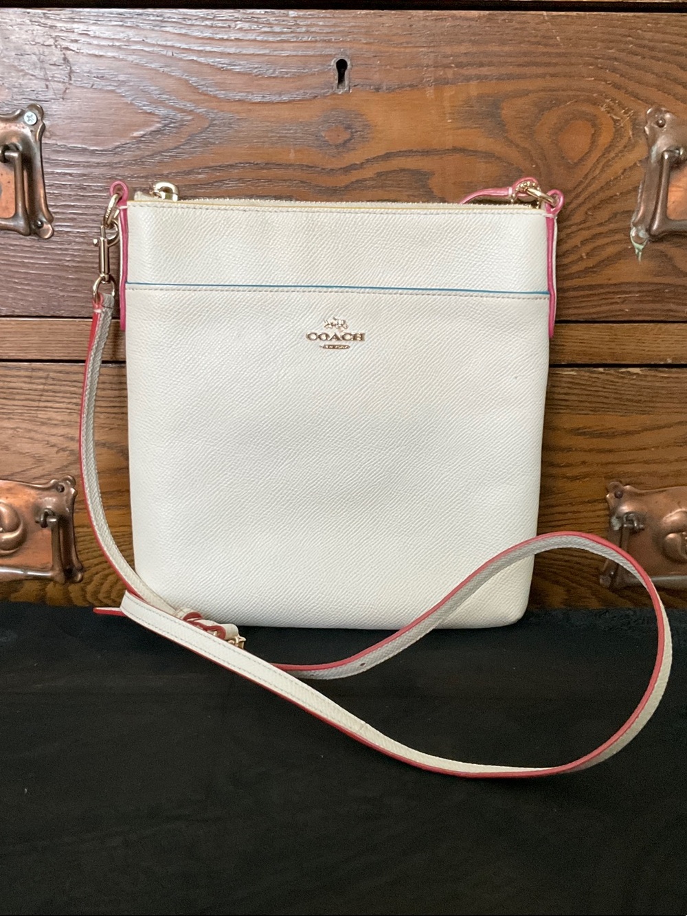 Coach White Crossbody with Pink Trim and Gold Hardware